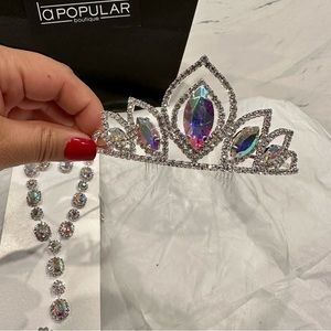 Quinceañera Sweet 16 Tiara Crown Jewelry Set Rhinestone Earrings Necklace Bling